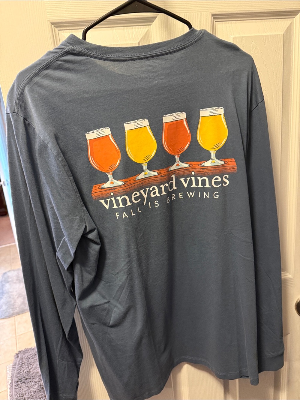 Vineyard Vines Slate Blue Long Sleeve Pocket Tee with Drink Graphic - Picture 2 of 3